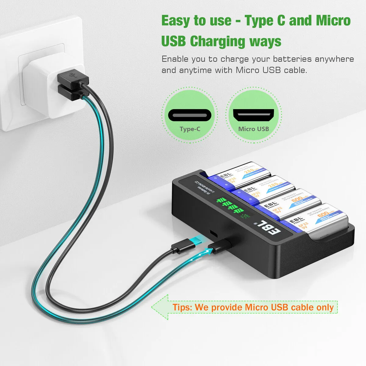 EBL 4-Bay 9 Volt Battery Charger for 9V Li-ion Ni-MH Ni-CD Batteries