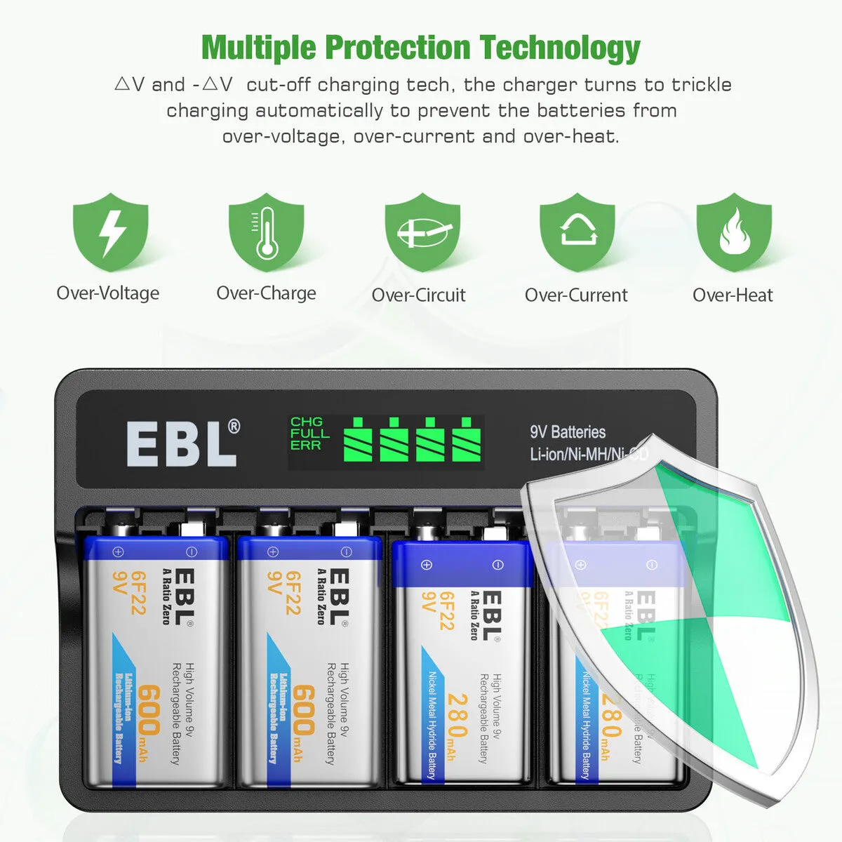 EBL 4-Bay 9 Volt Battery Charger for 9V Li-ion Ni-MH Ni-CD Batteries