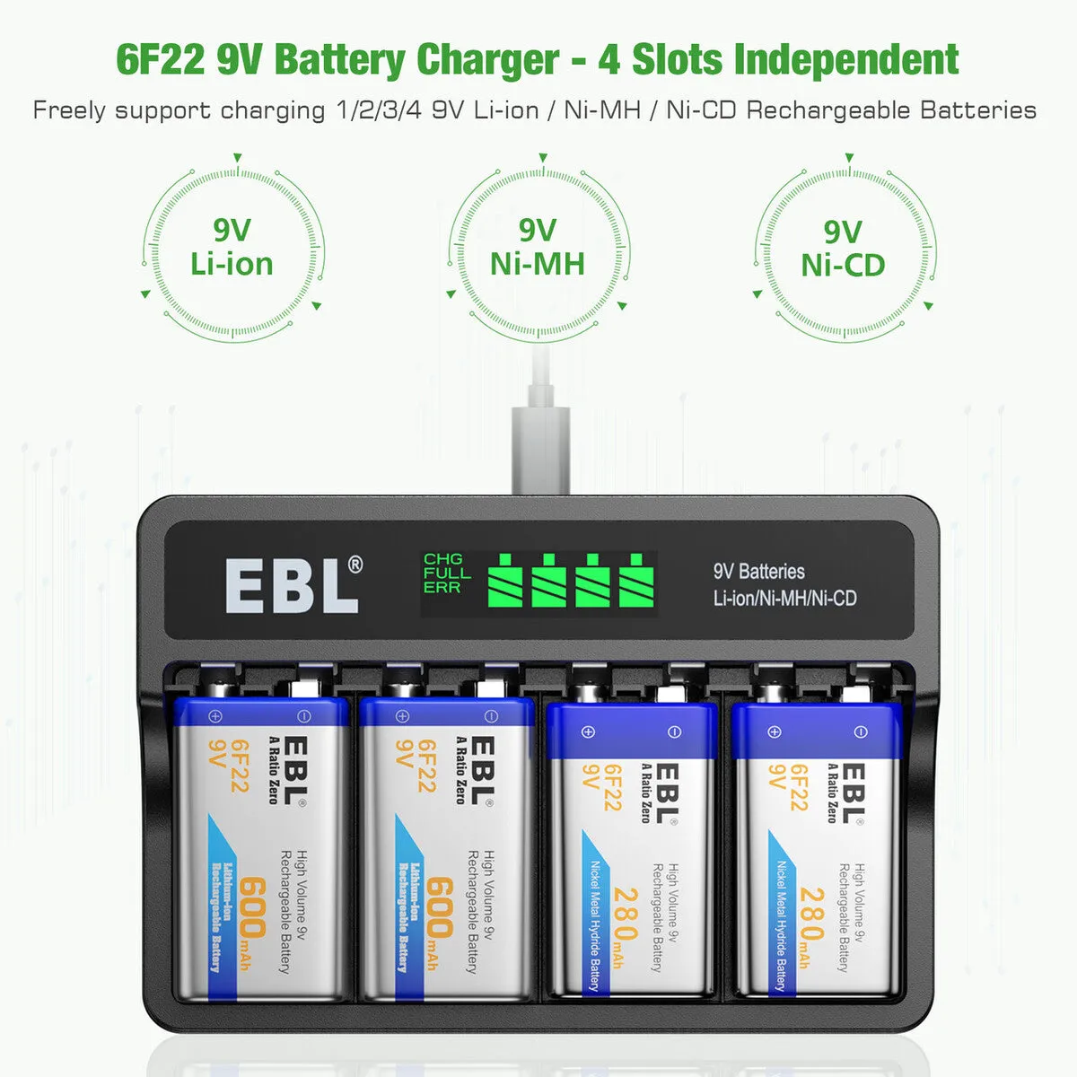 EBL 4-Bay 9 Volt Battery Charger for 9V Li-ion Ni-MH Ni-CD Batteries