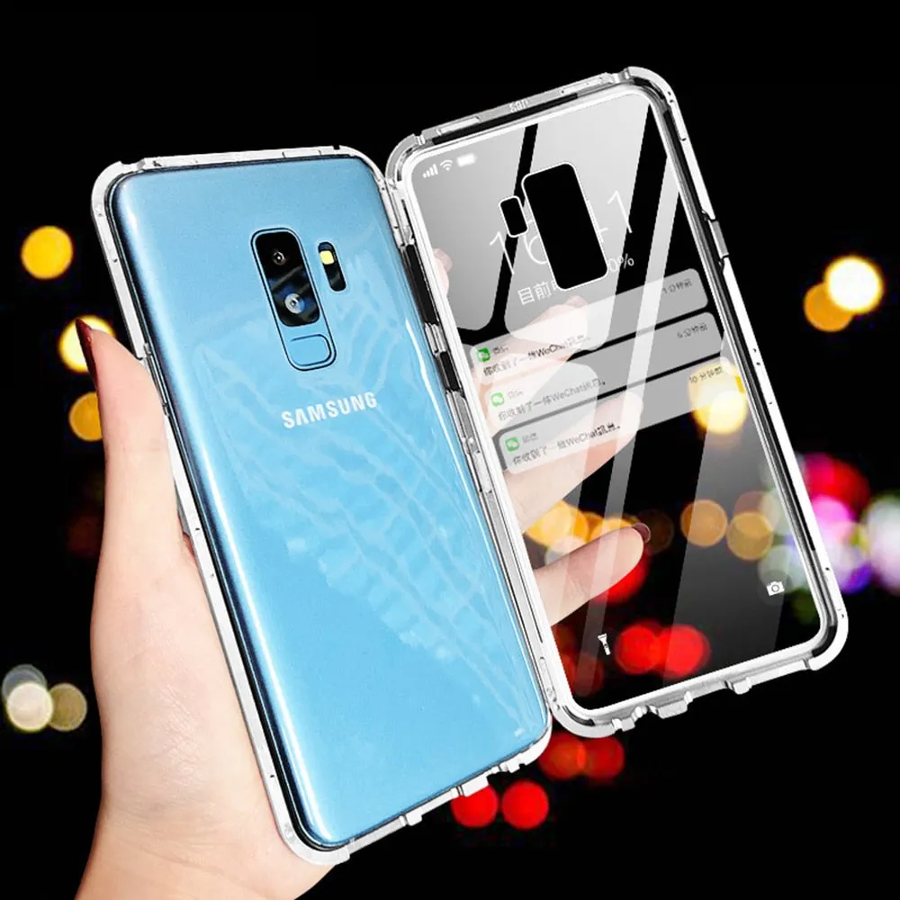 Eqvvol Magnetic Adsorption Metal Case For Samsung Galaxy S9 S8 Plus S7 Edge Tempered Glass Back Magnet Cover For Note 8 9 Cases