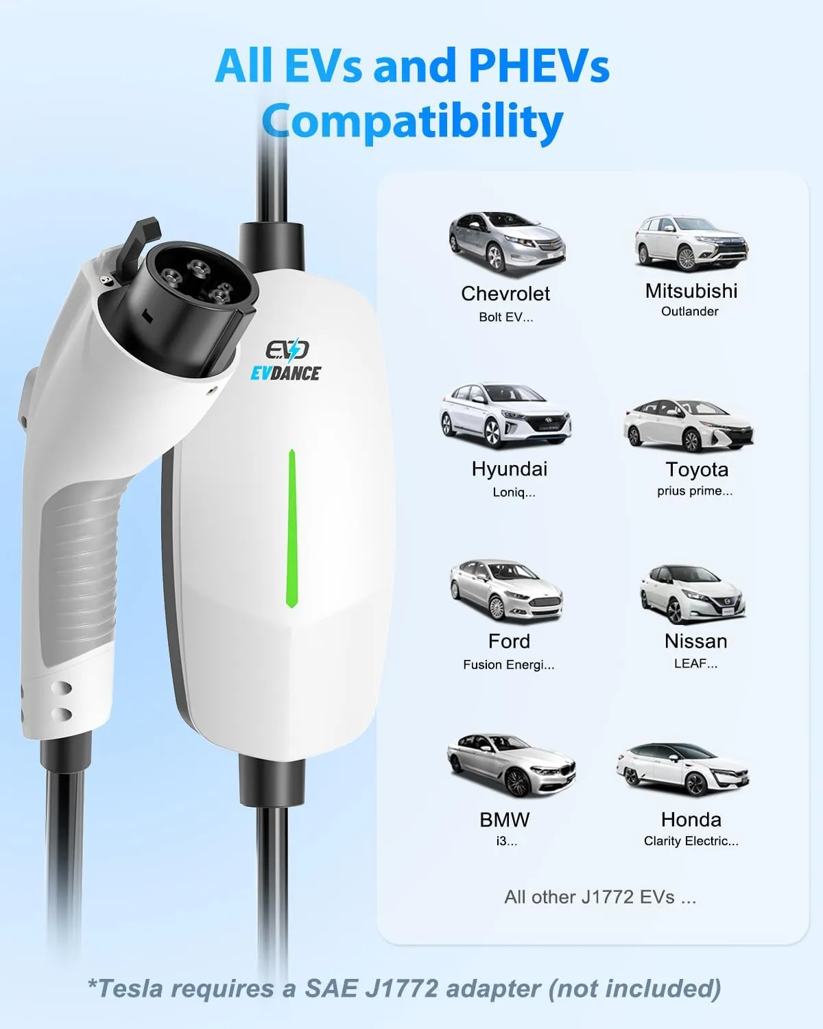 EVDANCE Level 1&2 NEMA 6-20 16A Portable EV Charger With On-screen Display 25FT Cable