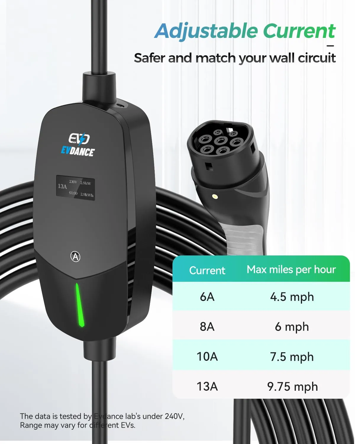 EVDANCE Type 2 10A 240 V UK 3Pin Portable EV Adjustable Current  Charger with OLED Screen