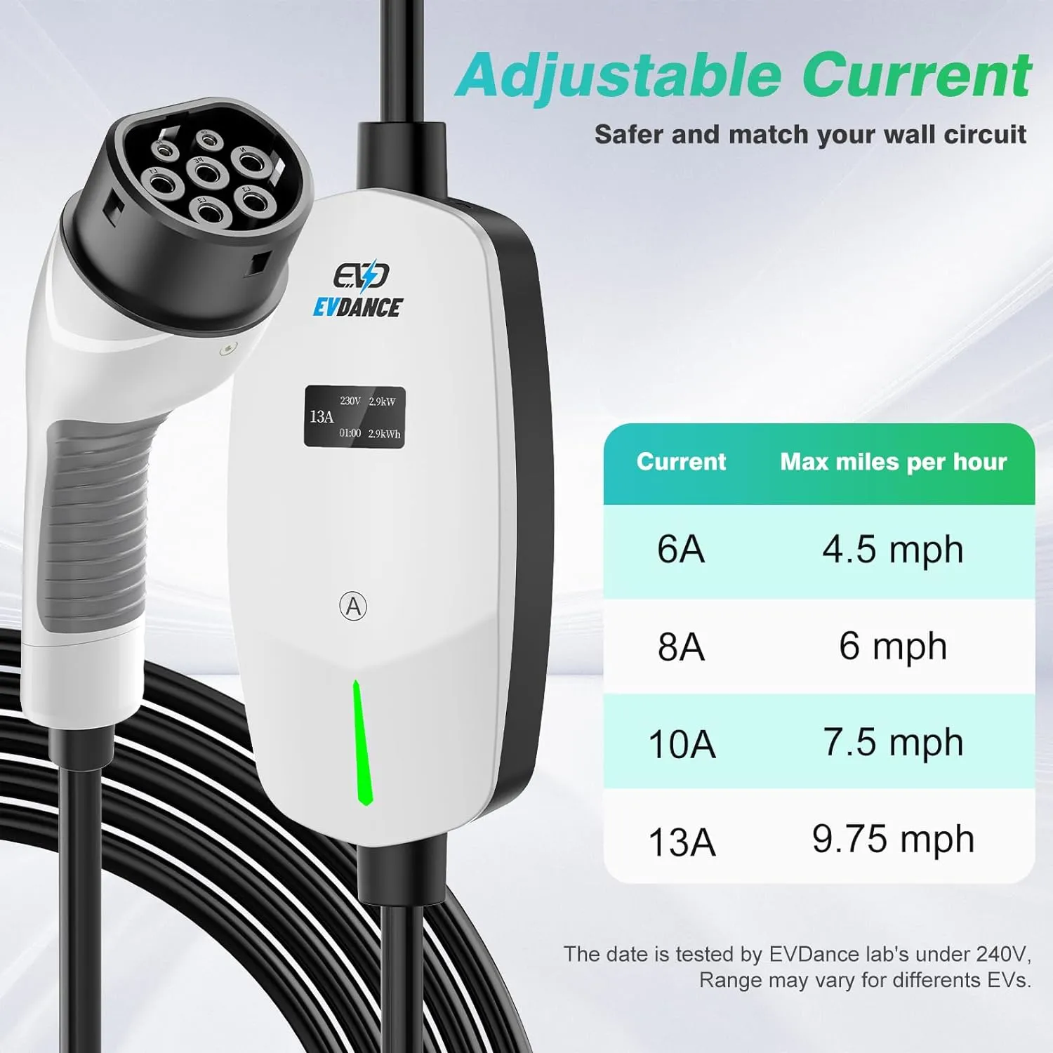 EVDANCE Type 2 10A 240 V UK 3Pin Portable EV Adjustable Current  Charger with OLED Screen