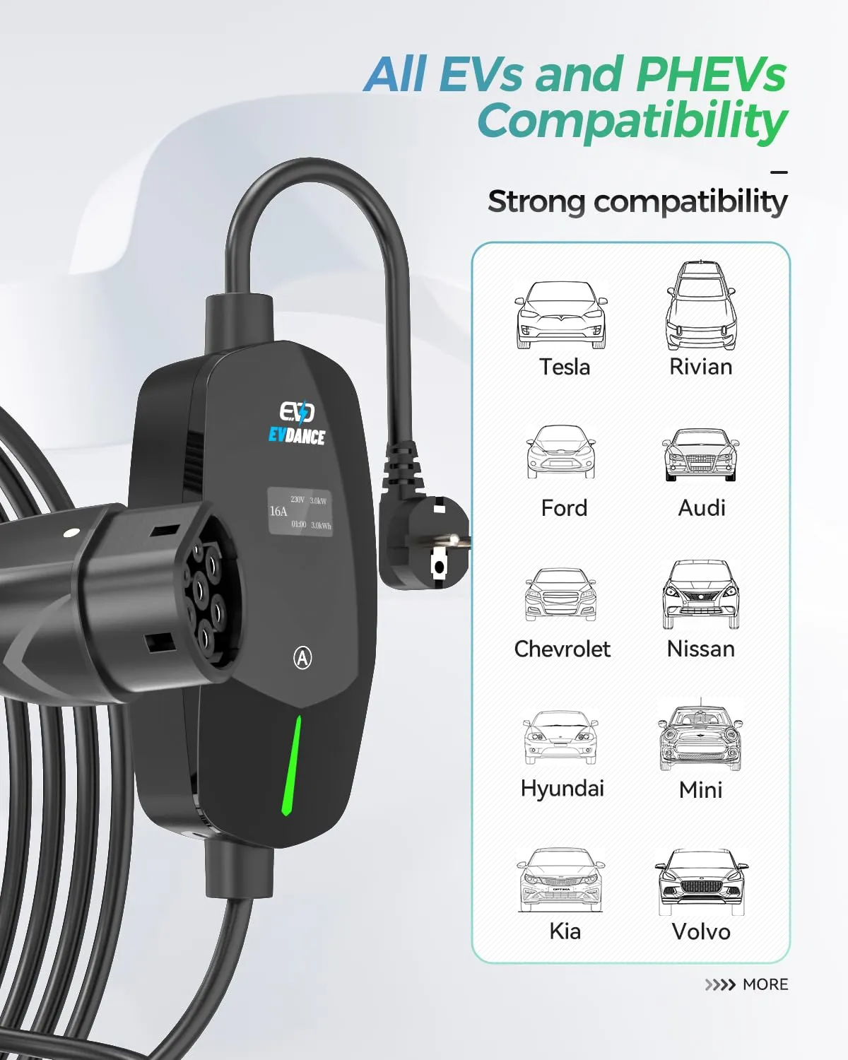 EVDANCE Type 2 10A 240 V UK 3Pin Portable EV Adjustable Current  Charger with OLED Screen