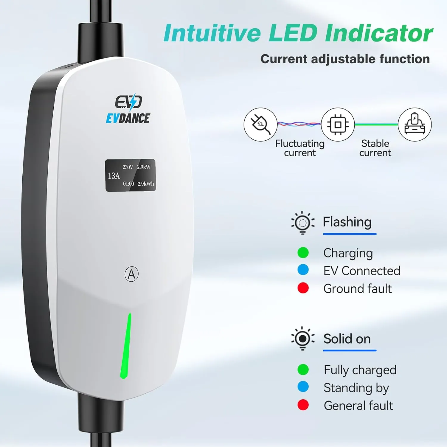 EVDANCE Type 2 10A 240 V UK 3Pin Portable EV Adjustable Current  Charger with OLED Screen