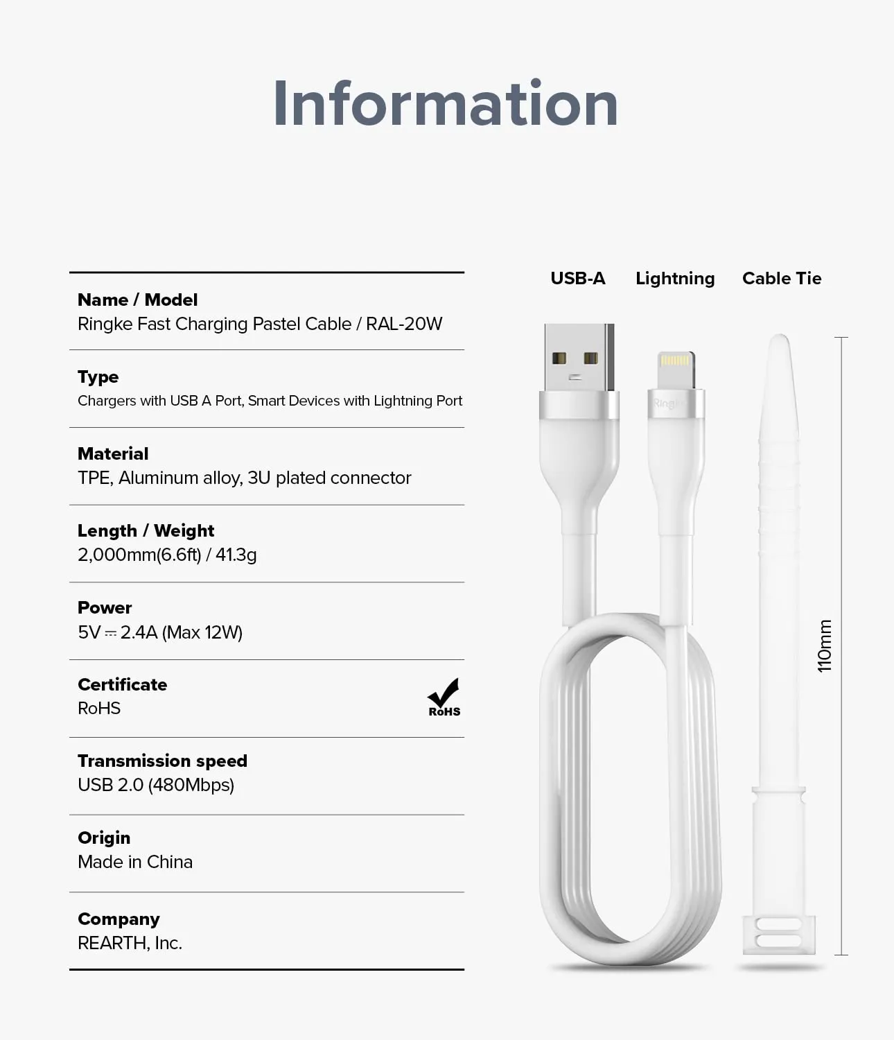 Fast Charging Pastel Cable | USB Type A to Lightning |  2m  White