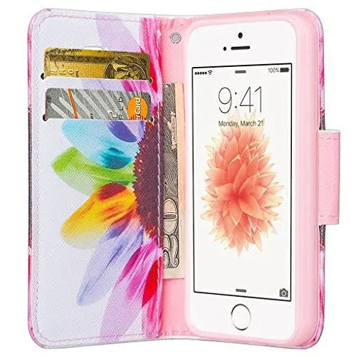 For iPhone SE Case | iPhone 5S/5 Case, Wrist Strap Pu Leather Magnetic Fold Wallet Case[Kickstand] with ID & Card Slots for Apple Iphone SE/5S/5 - Vivid Sunflower