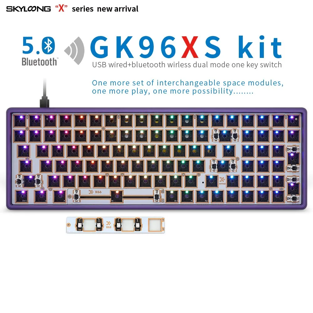 GK96XS Dual Mode Bluetooth hot swappable Mechanical Keyboard Kit support rgb switch leds type c software Grey Purple CNC Case