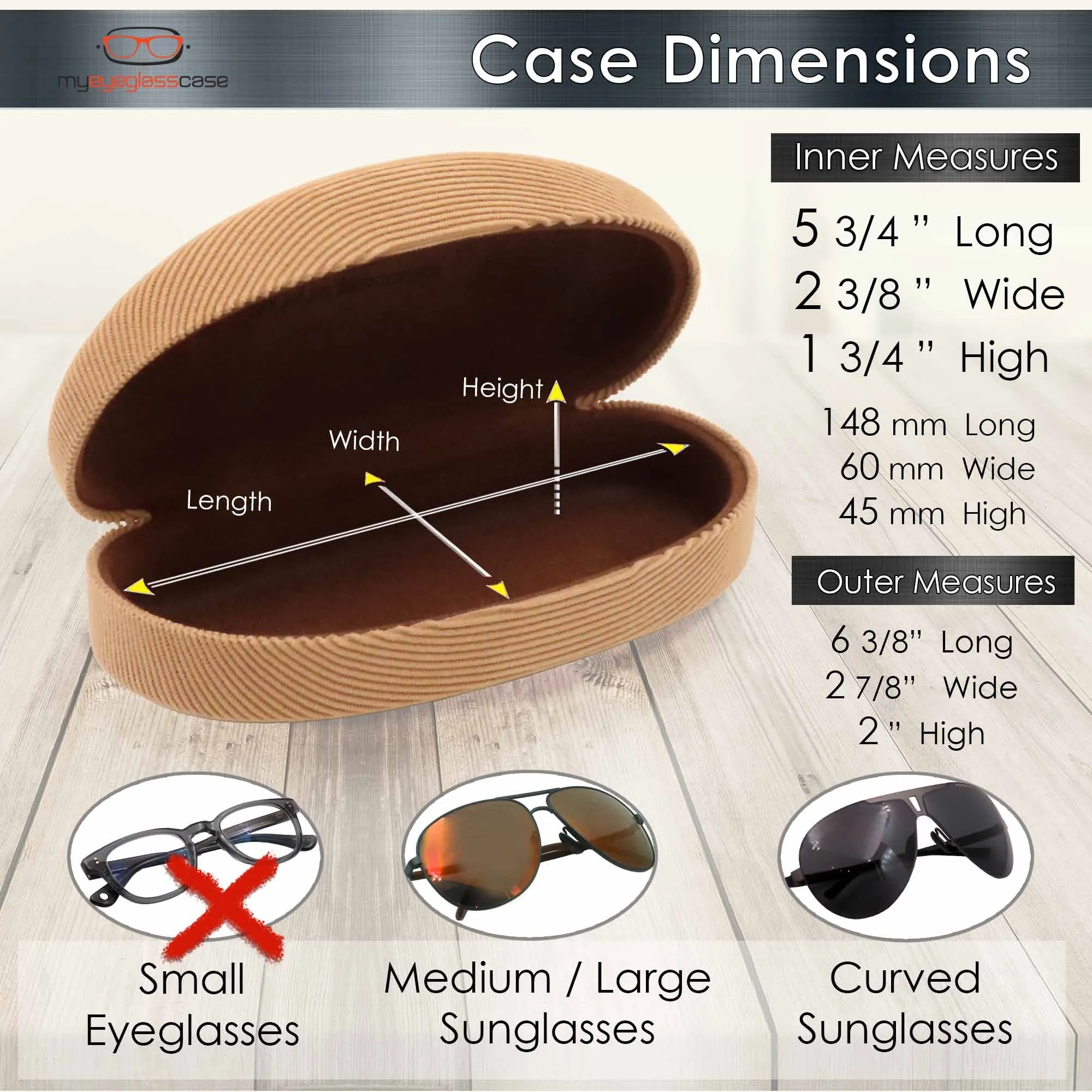 Hard Sunglasses Case - Corduroy Beige Fabric - Glasses holder with pouch an cloth - Large eyeglass clamshell  (AS113 Corduroy)