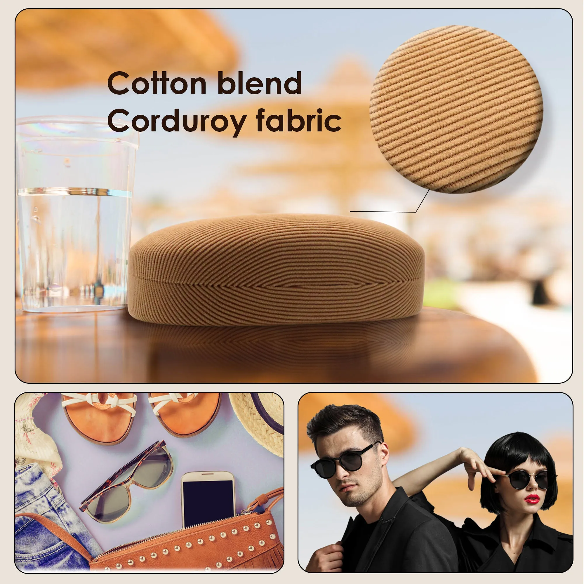 Hard Sunglasses Case - Corduroy Beige Fabric - Glasses holder with pouch an cloth - Large eyeglass clamshell  (AS113 Corduroy)