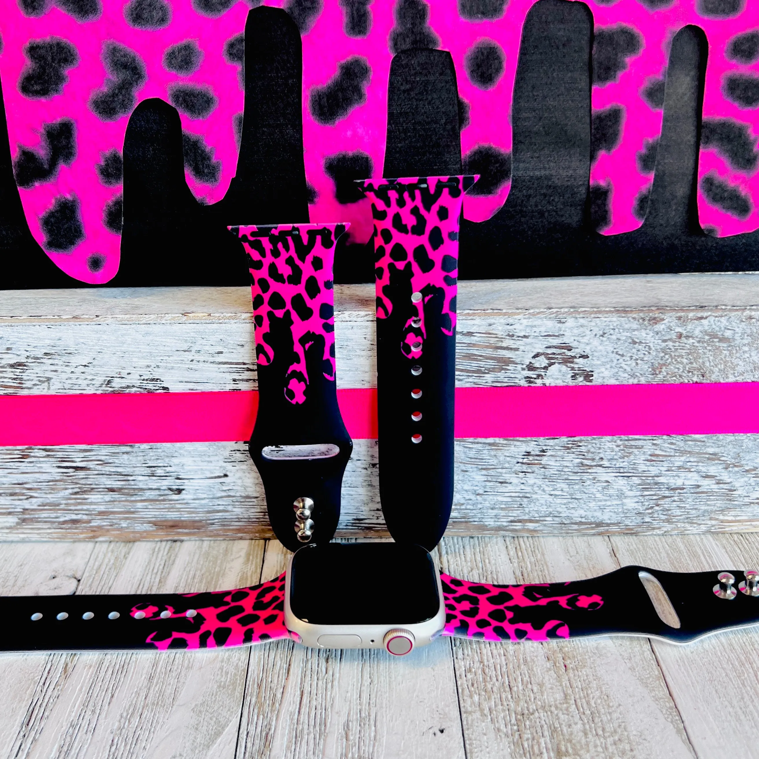 Hot Pink Black Leopard Drip Print Silicone Band For Apple Watch