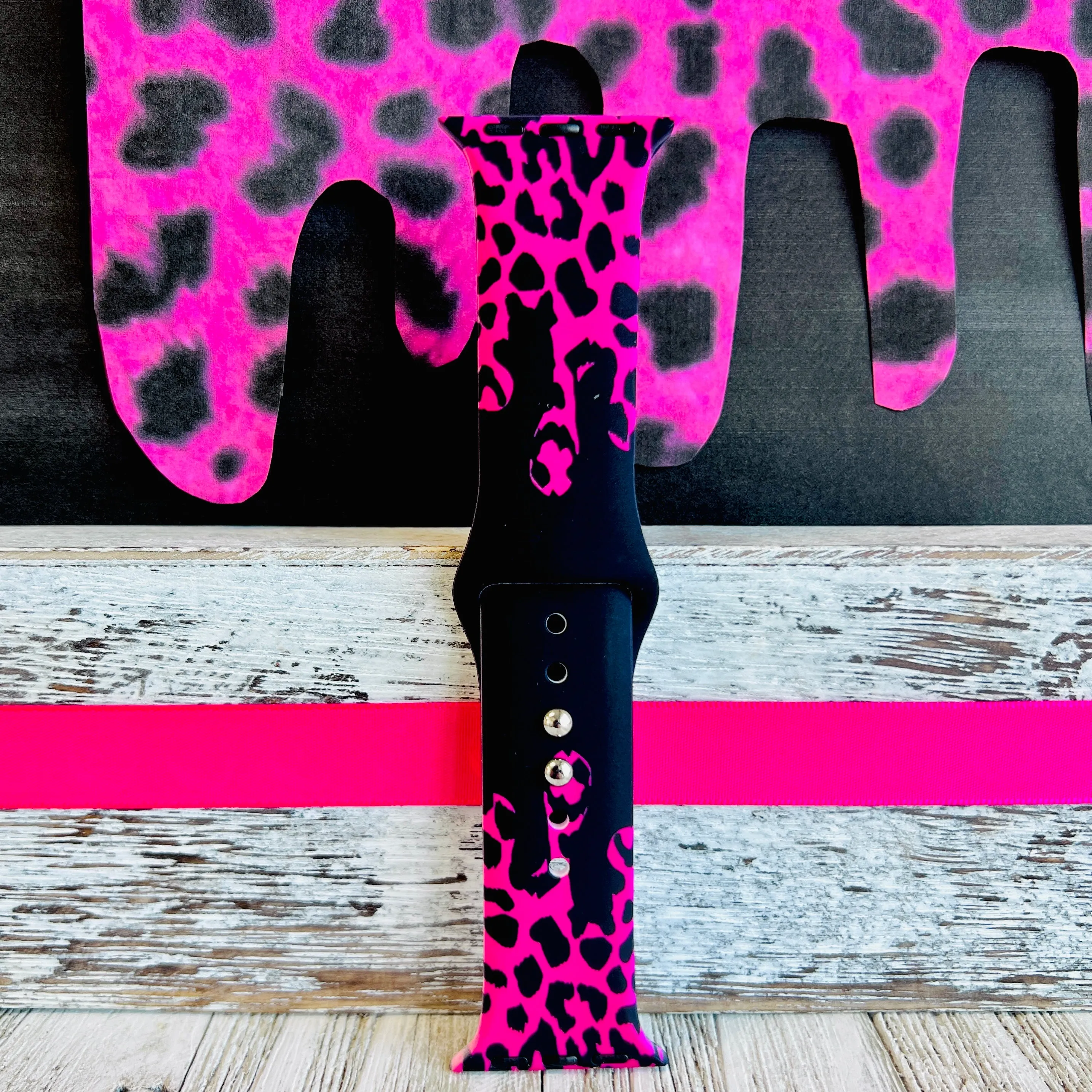 Hot Pink Black Leopard Drip Print Silicone Band For Apple Watch