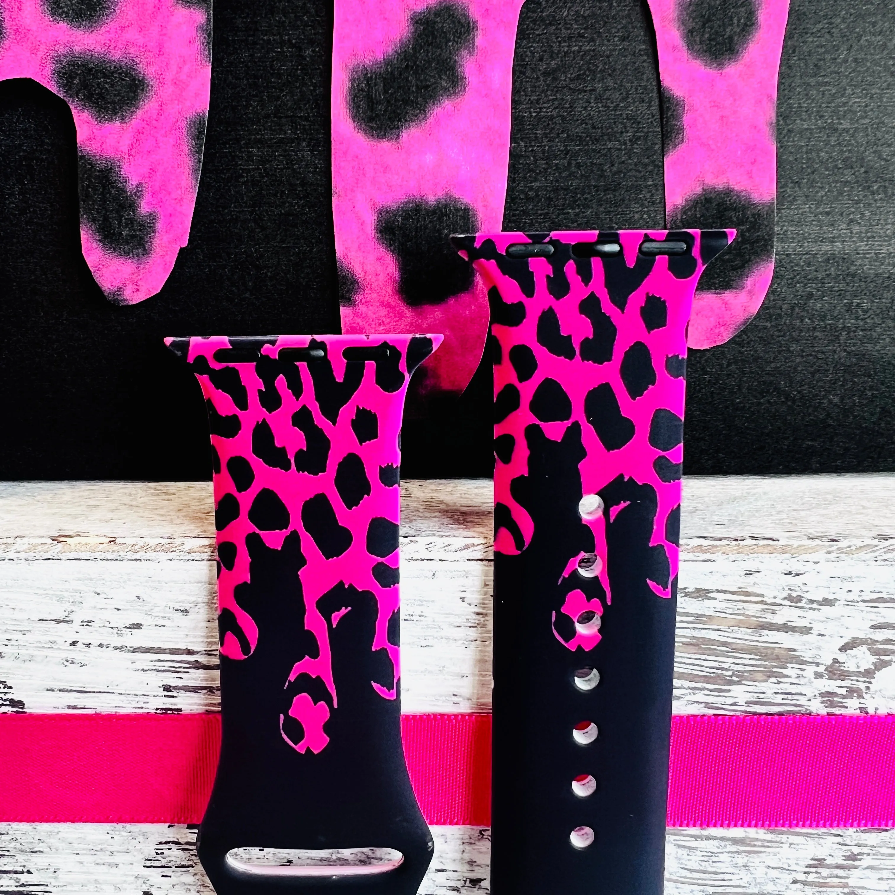 Hot Pink Black Leopard Drip Print Silicone Band For Apple Watch