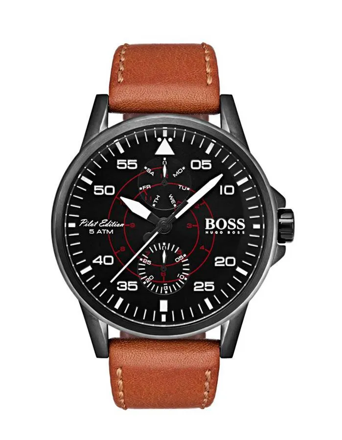 Hugo Boss Mens Aviator Watch - Black Metal - Light Brown Leather Strap