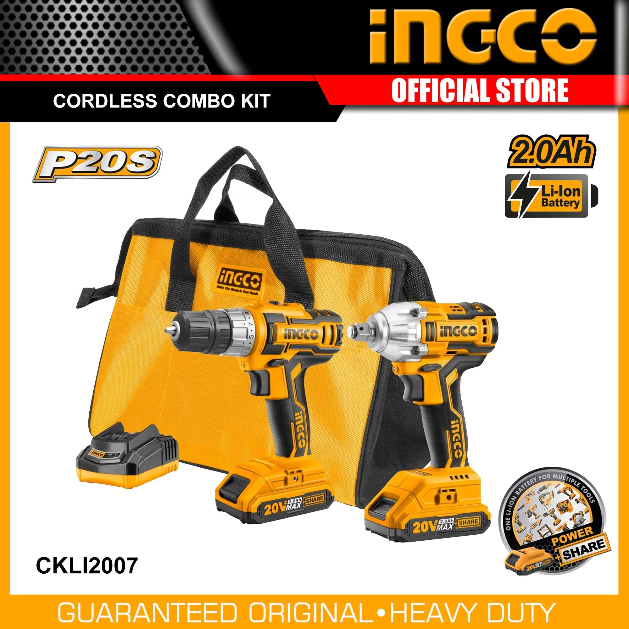 Ingco Lithium-Ion Cordless 2-Pc. Combo Kit BL Motor 20V CKLI2007