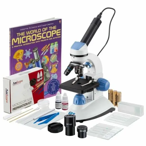 IQCrew by AmScope M50 Series Monocular Compound Microscope (Blue) 40X-1000X Magnification with Dual Illumination, 1MP Digital Eyepiece, Slide Prep Kit and Book