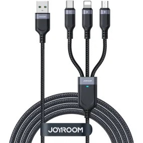 Joyroom Multi-Use 3-i-1 USB-C / Lightning / Micro USB Nylon Kabel 1,2m - Sort