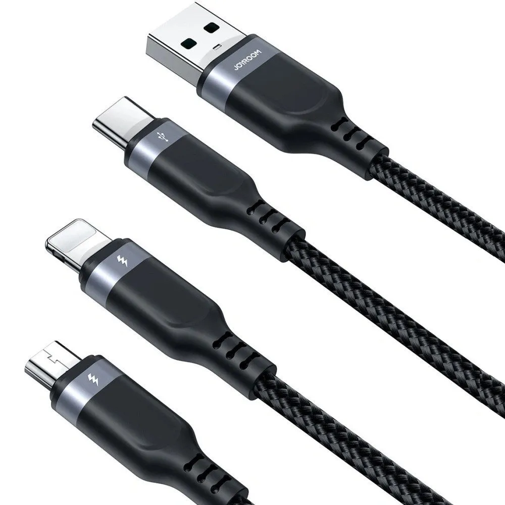 Joyroom Multi-Use 3-i-1 USB-C / Lightning / Micro USB Nylon Kabel 30cm - Sort