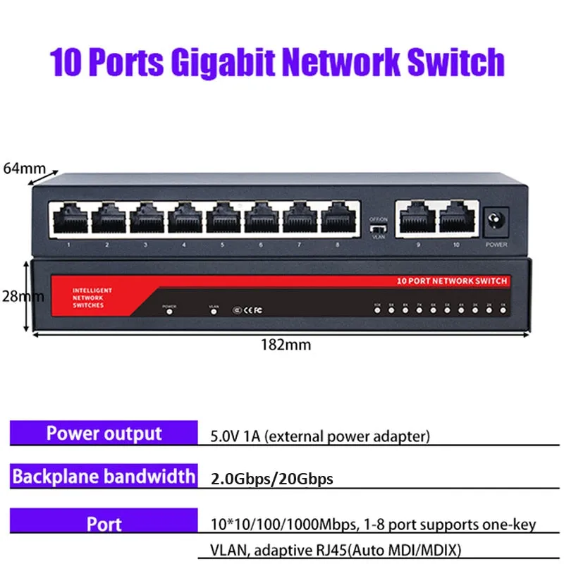 KuWFi Gigabit Network Switch 1000Mbps  Ethernet Switch 5/8/10 Port RJ45 LAN Hub Desktop Fast Switch for Office Dormitory Home