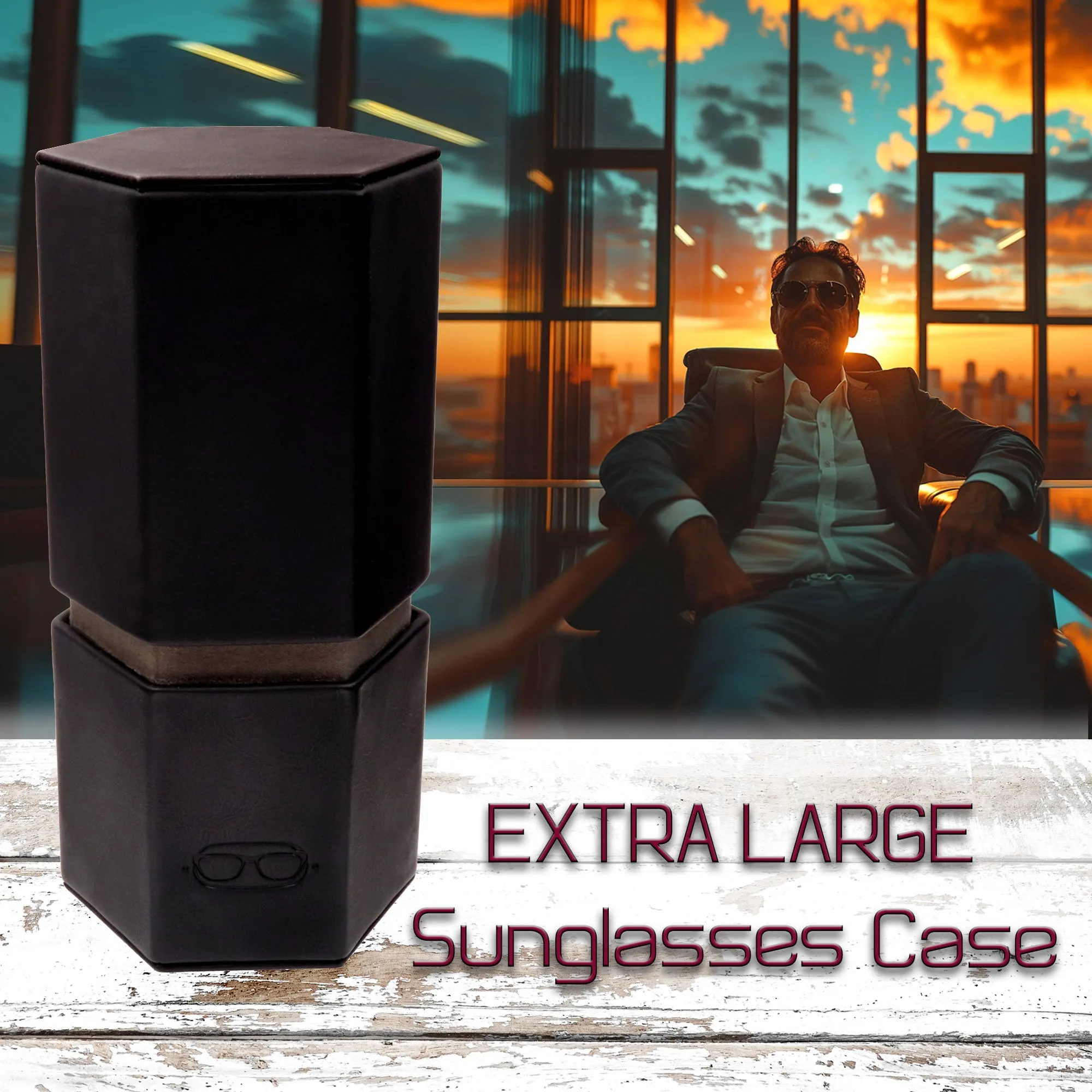 Large Sunglasses Travel Case Opens into 2 Desk stands - Classic Black with Pouch & Cloth  (RC490 Black)