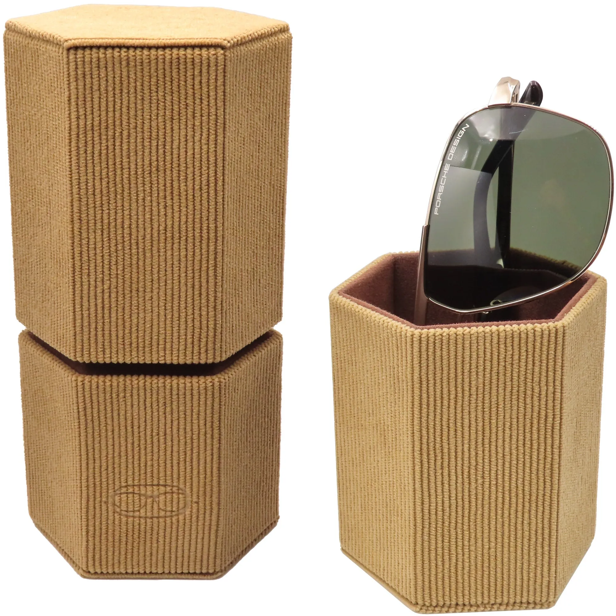 Large Sunglasses Travel Case Opens into 2 Desk stands - Classic Corduroy Beige with Pouch & Cloth (RC490 Corduroy Beige)