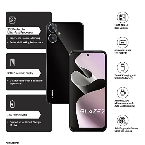 Lava Blaze 2 (6 GB RAM, UFS 2.2 128GB Storage) - Glass Black|18W Fast Charger|Side Fingerprint Sensor| 5000 mAh Battery| 6.5 inch(16.5cm) HD  Punch Hole Display| Upto 11GB Expandable RAM