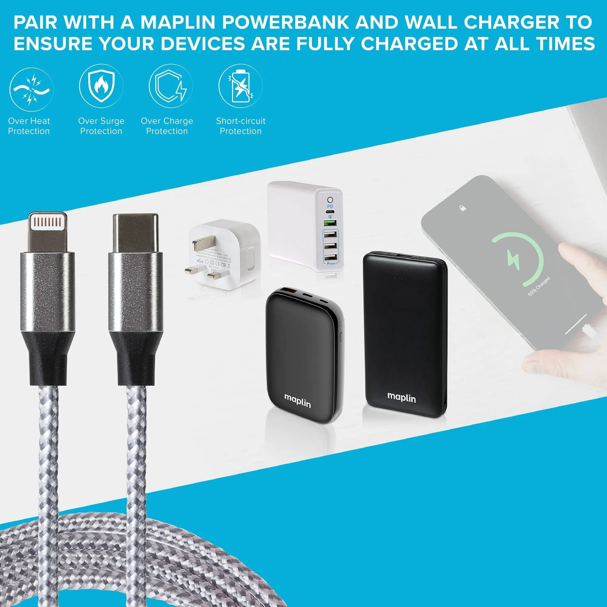 Maplin Lightning to USB-C Braided 20W High Speed Cable - Silver, 1m