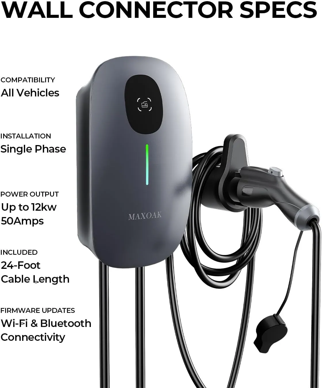 MAXOAK Electric Vehicle Charger 50Amp 12kW 23ft Cable 240V, APP Control