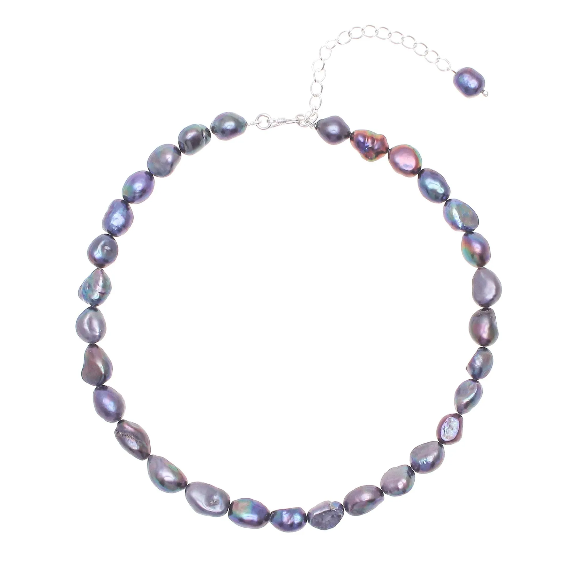 Mermaid Gem in Peacock Blue Cultured Pearl and Sterling Silver Choker Necklace