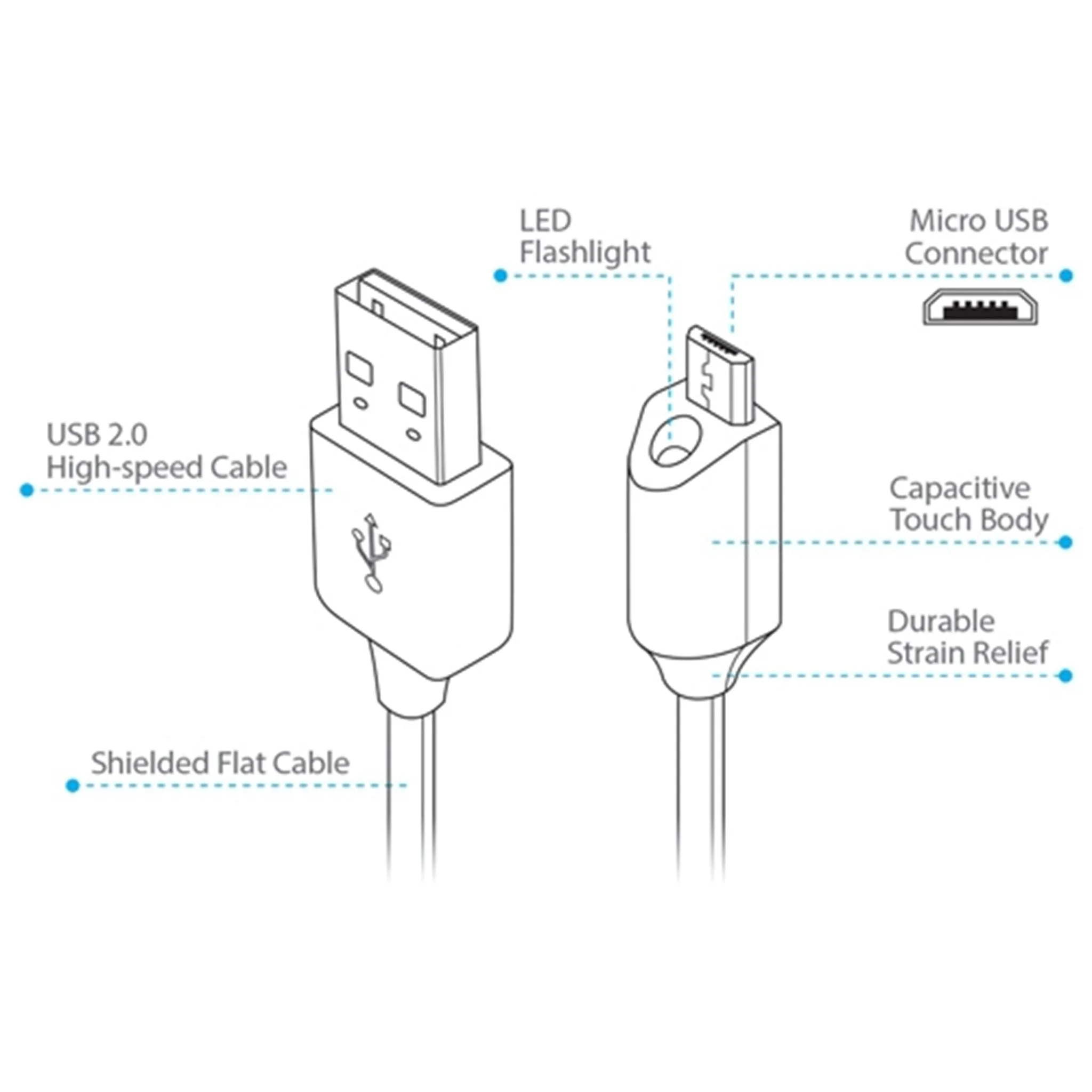 Naztech Micro-USB Ladekabel med Lys - Hvid