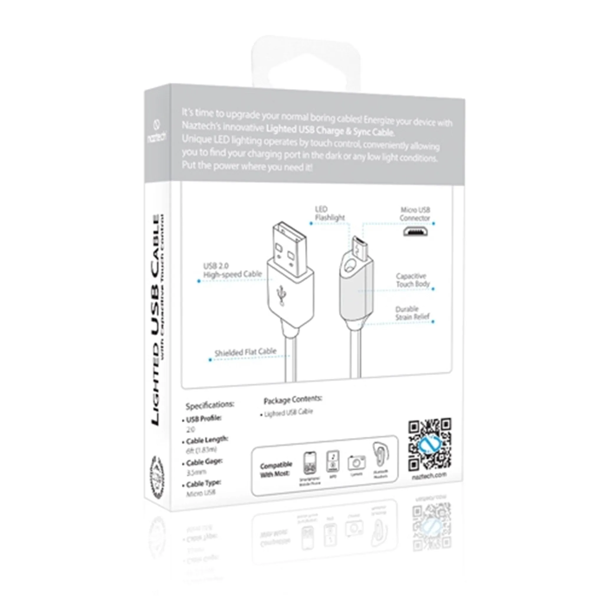 Naztech Micro-USB Ladekabel med Lys - Hvid