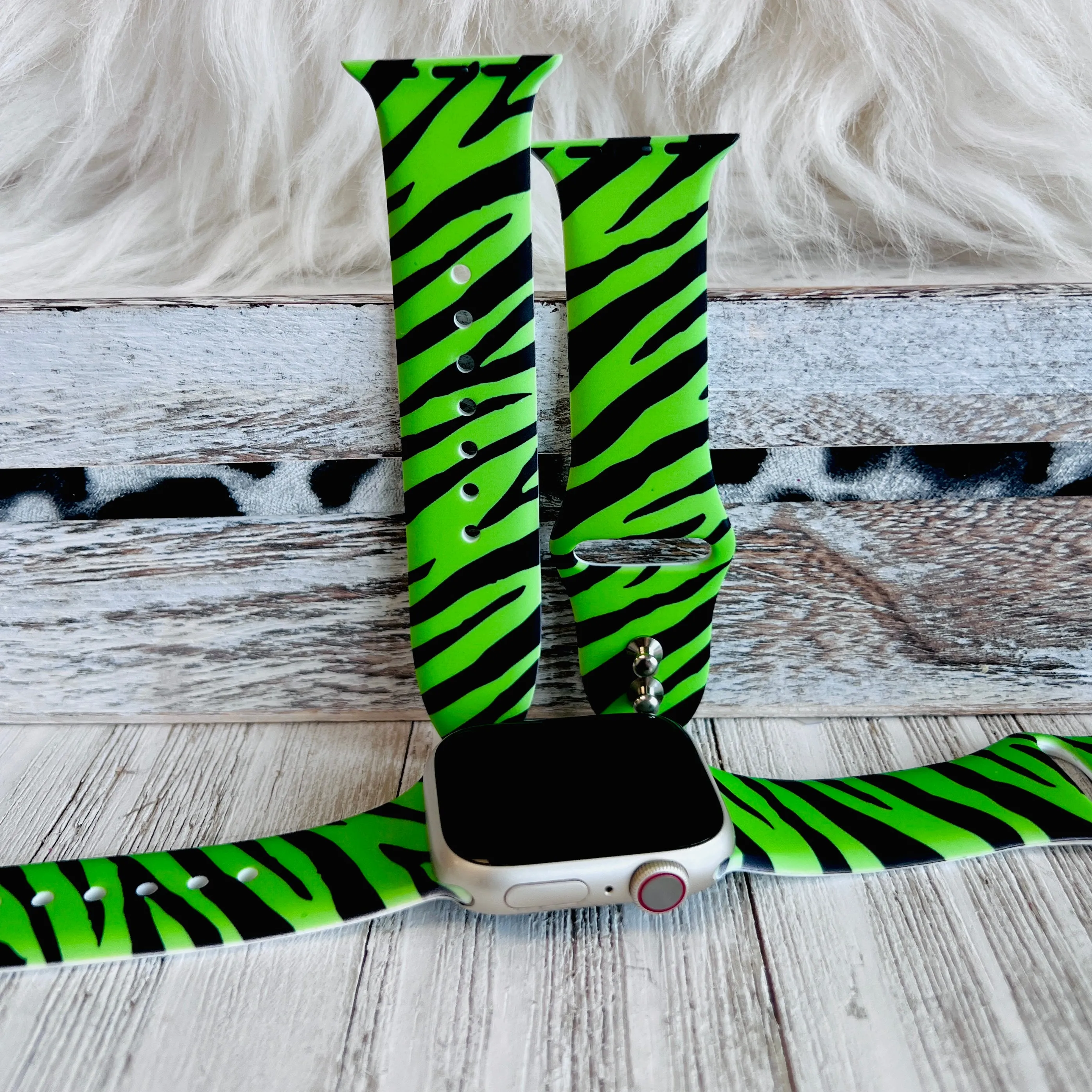 Neon Green Zebra Print Silicone Band For Apple Watch