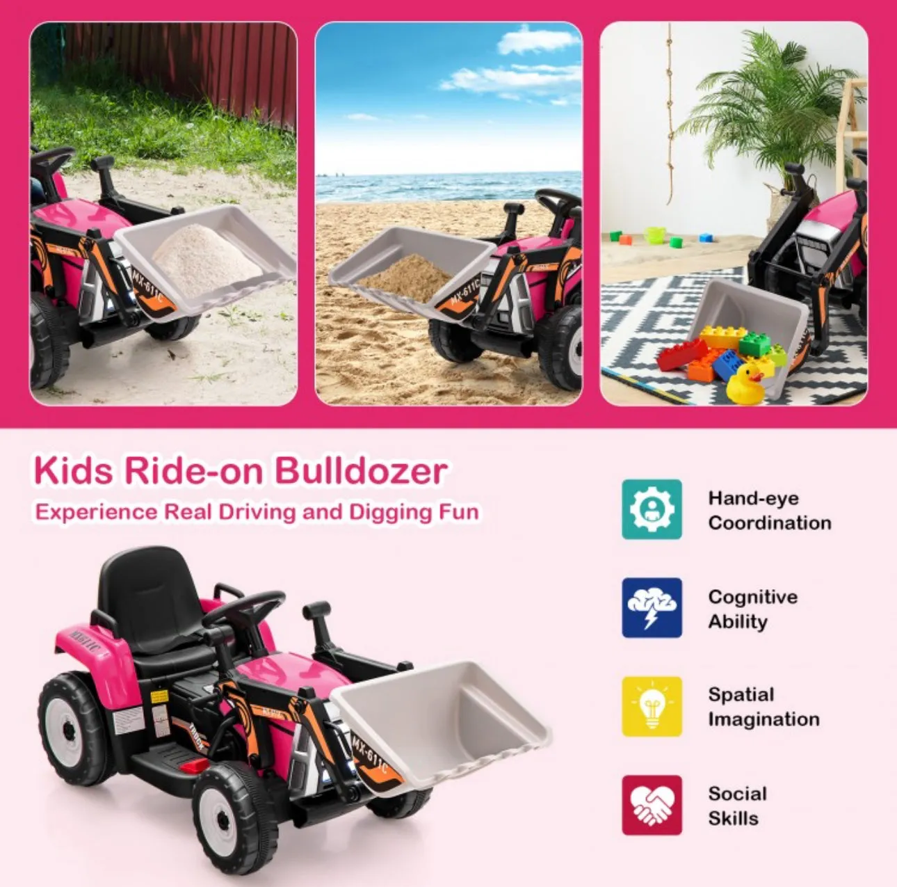 New 2025 Upgraded 12V Kids Ride On Car 1 Seater Excavator With Adjustable Arm & Bucket | Music | Push To Start | Remote