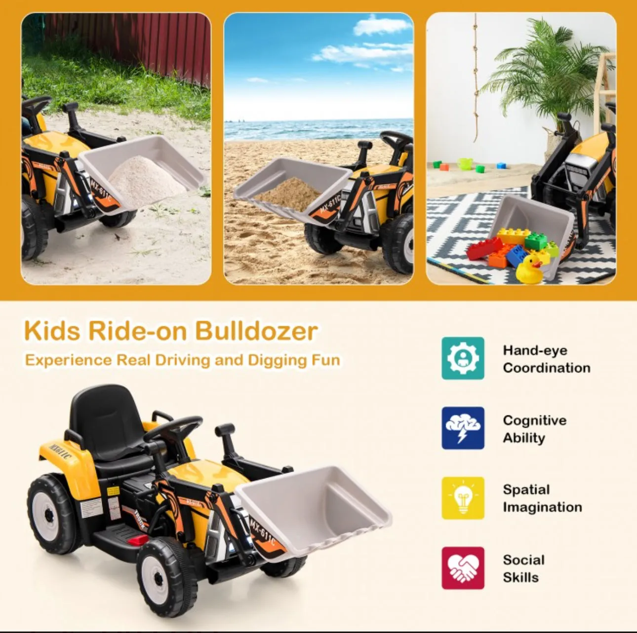 New 2025 Upgraded 12V Kids Ride On Car 1 Seater Excavator With Adjustable Arm & Bucket | Music | Push To Start | Remote