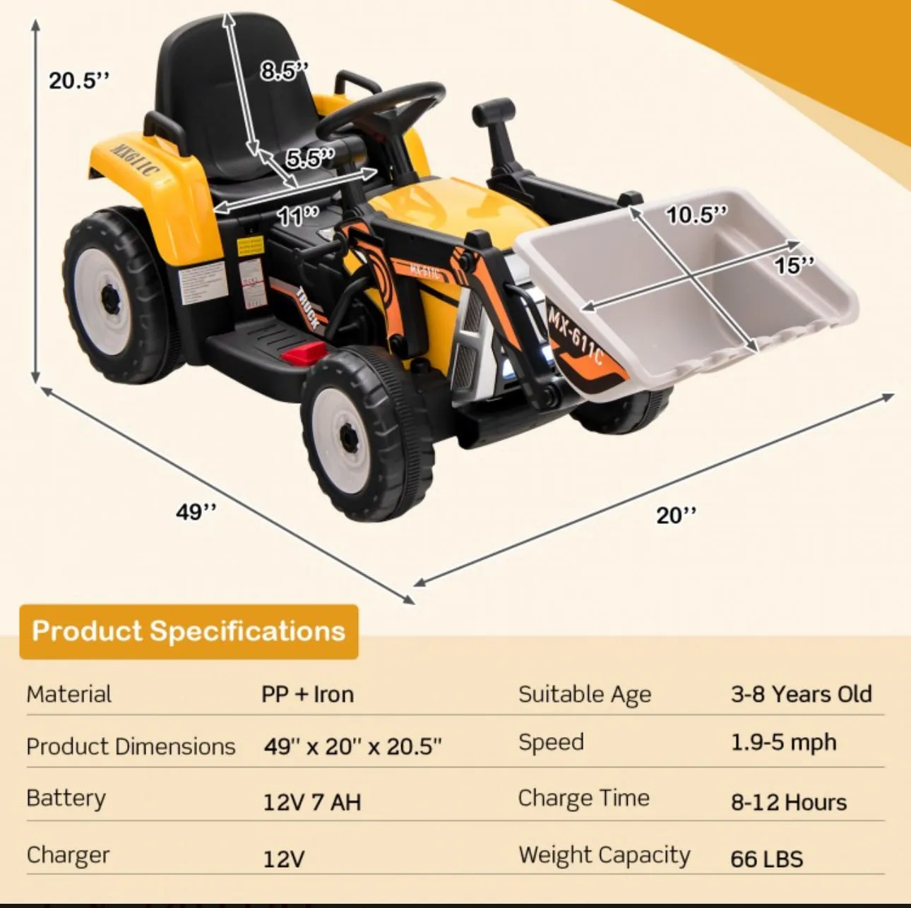 New 2025 Upgraded 12V Kids Ride On Car 1 Seater Excavator With Adjustable Arm & Bucket | Music | Push To Start | Remote