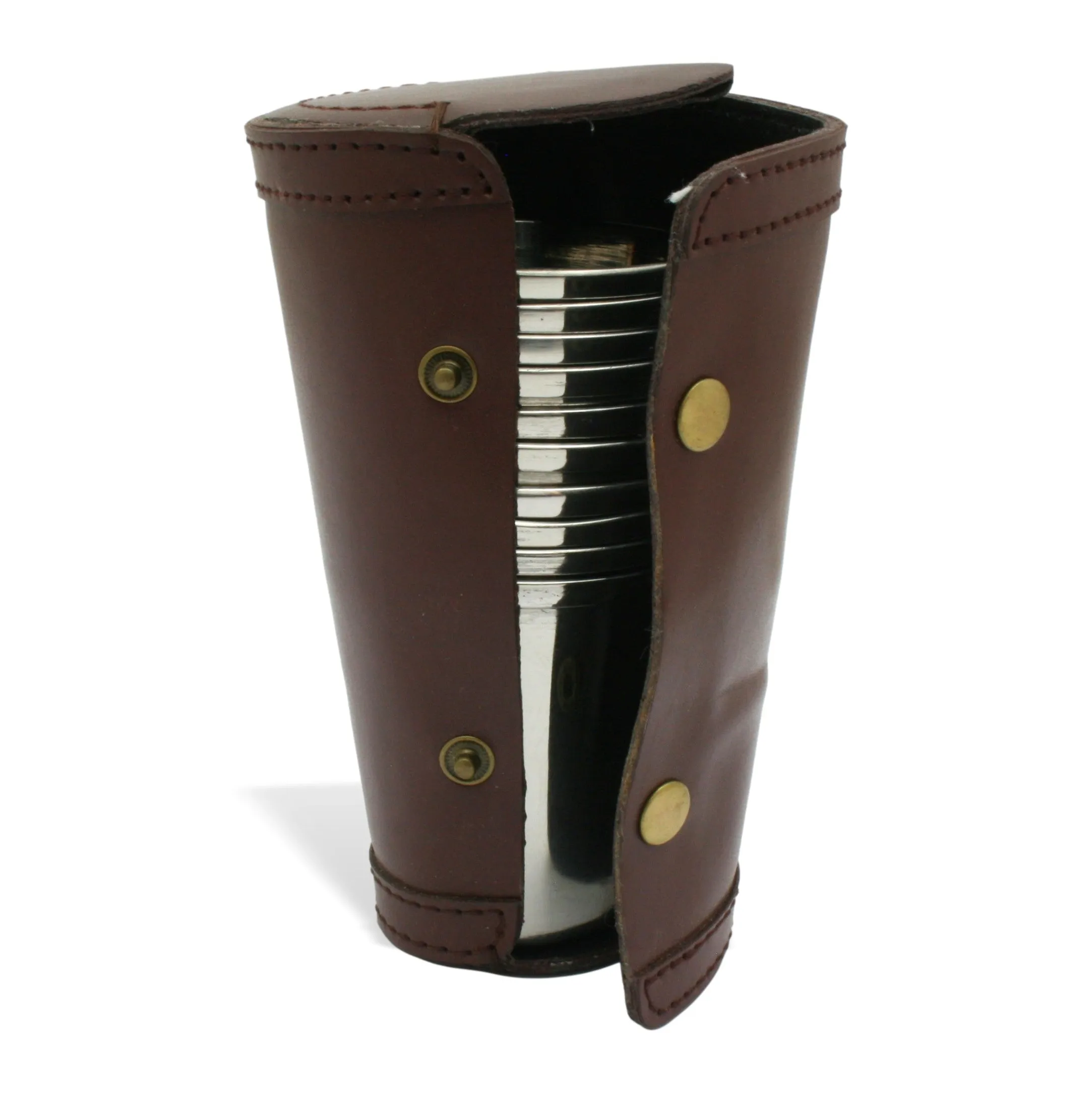 Numbered 1-10 Stacking 4oz Stirrup Cups In Brown Leather Case - Game Shooting Scene