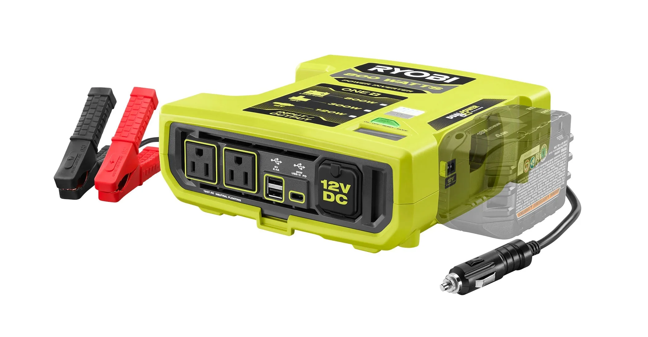 Open Box -  RYOBI ONE  18V 800-Watt Max 12V Automotive Power Inverter with Dual USB Ports