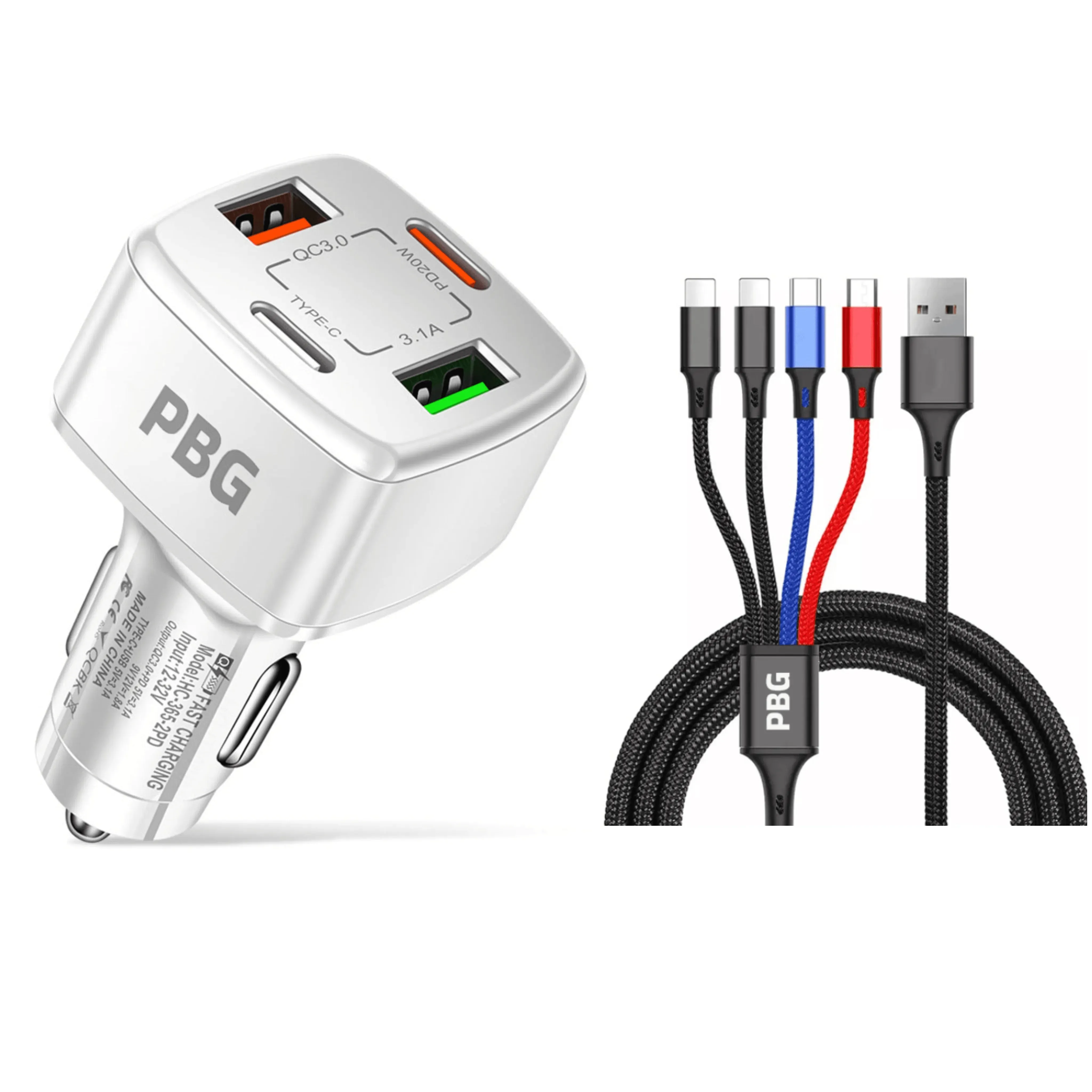 PBG 4 Port  PD/USB Car Charger and 4 in 1 Nylon Cable Bundle