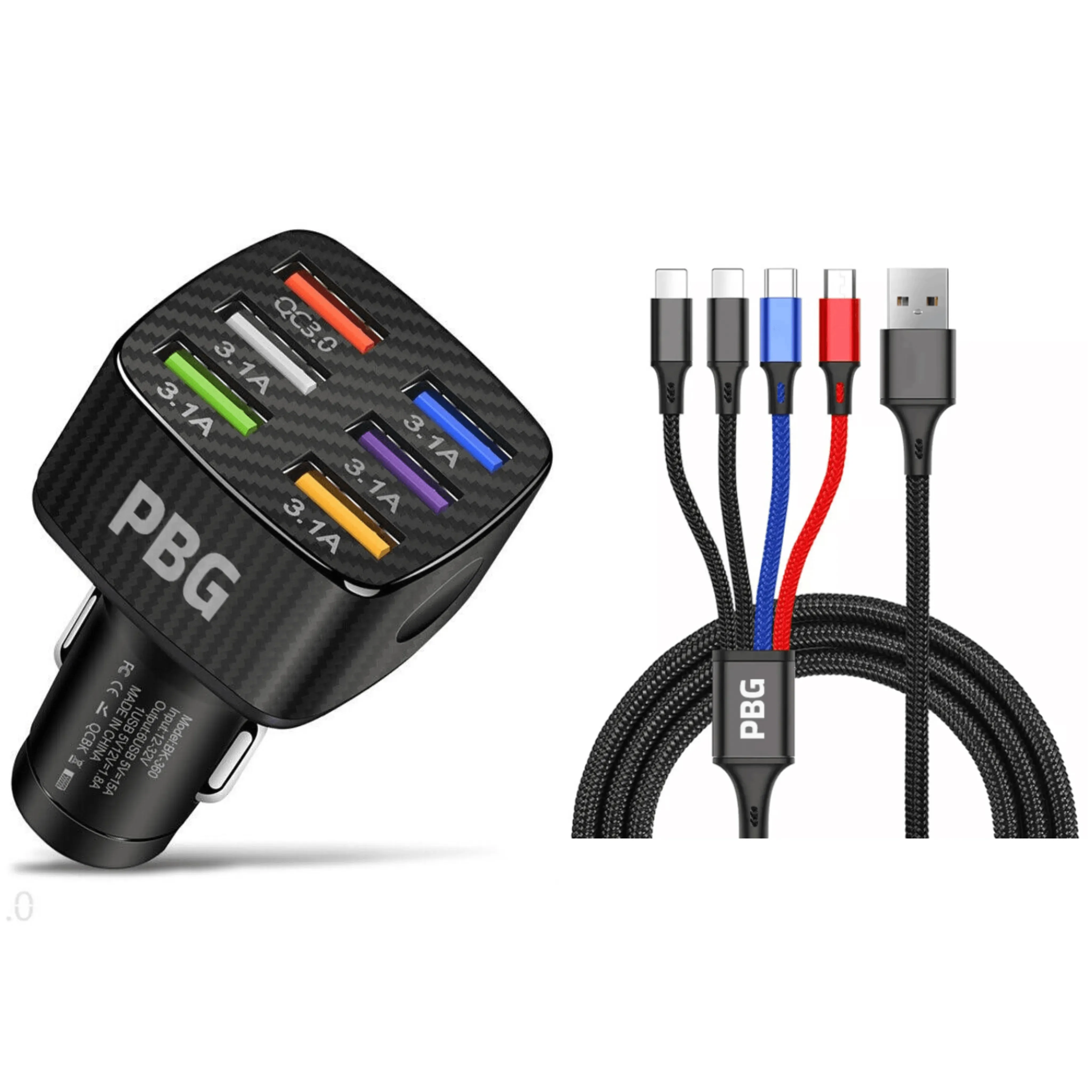 PBG LED 6 Port Car Charger and 4 in 1 Nylon Charging Cable Bundle