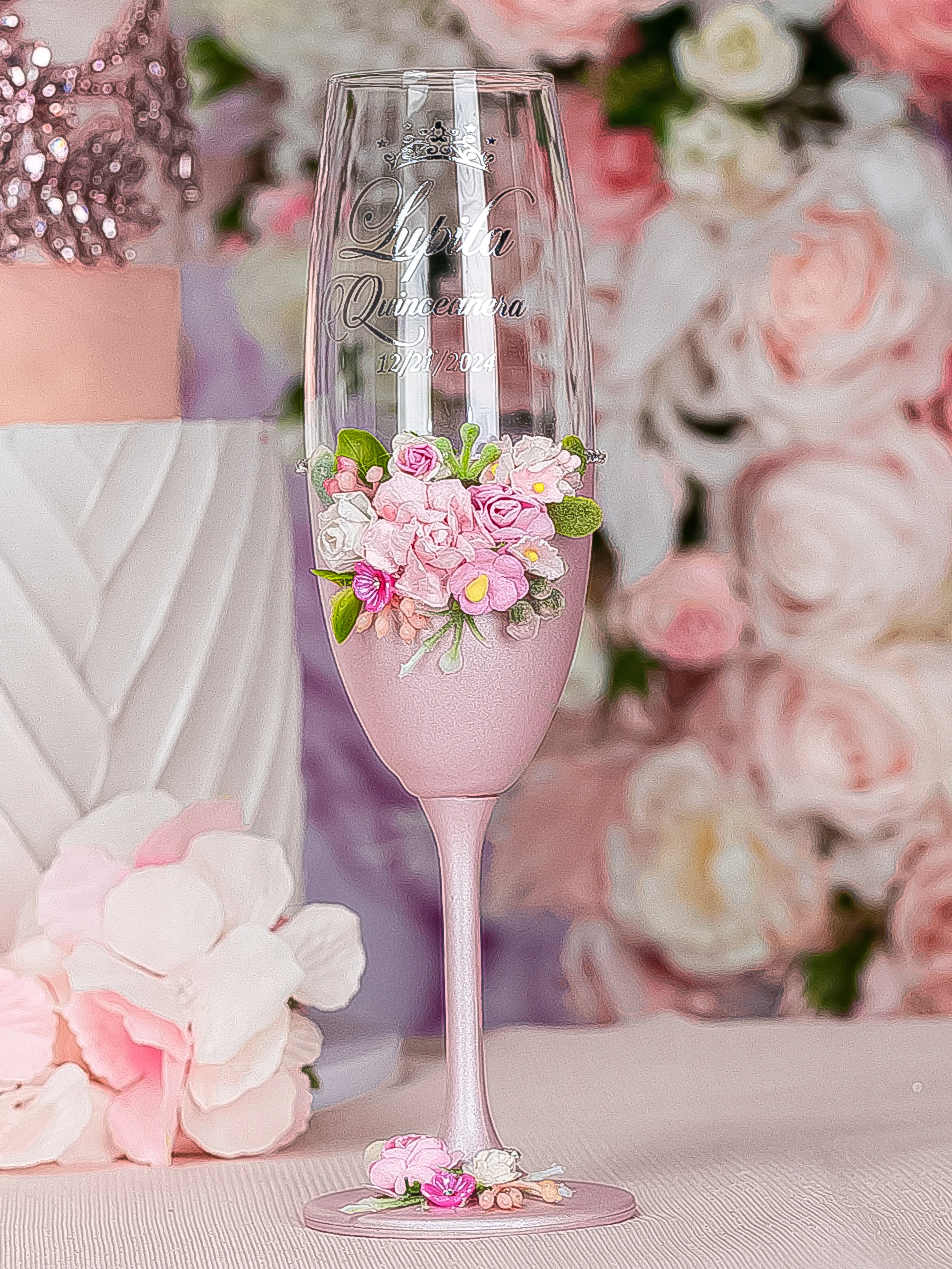 Pink blush floral Quinceanera cake knife and server