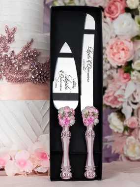 Pink blush floral Quinceanera cake knife and server