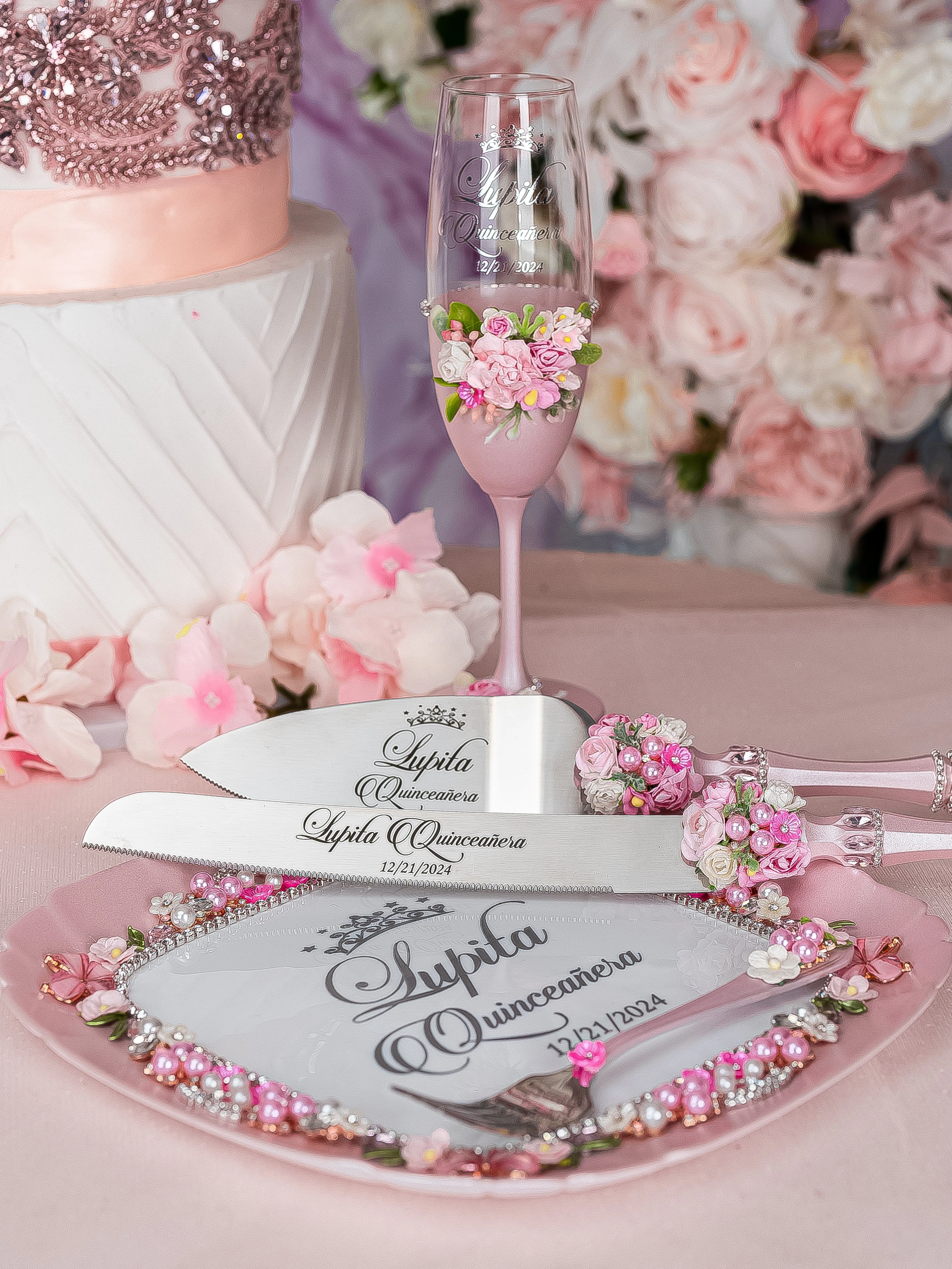 Pink blush floral Quinceanera cake knife and server