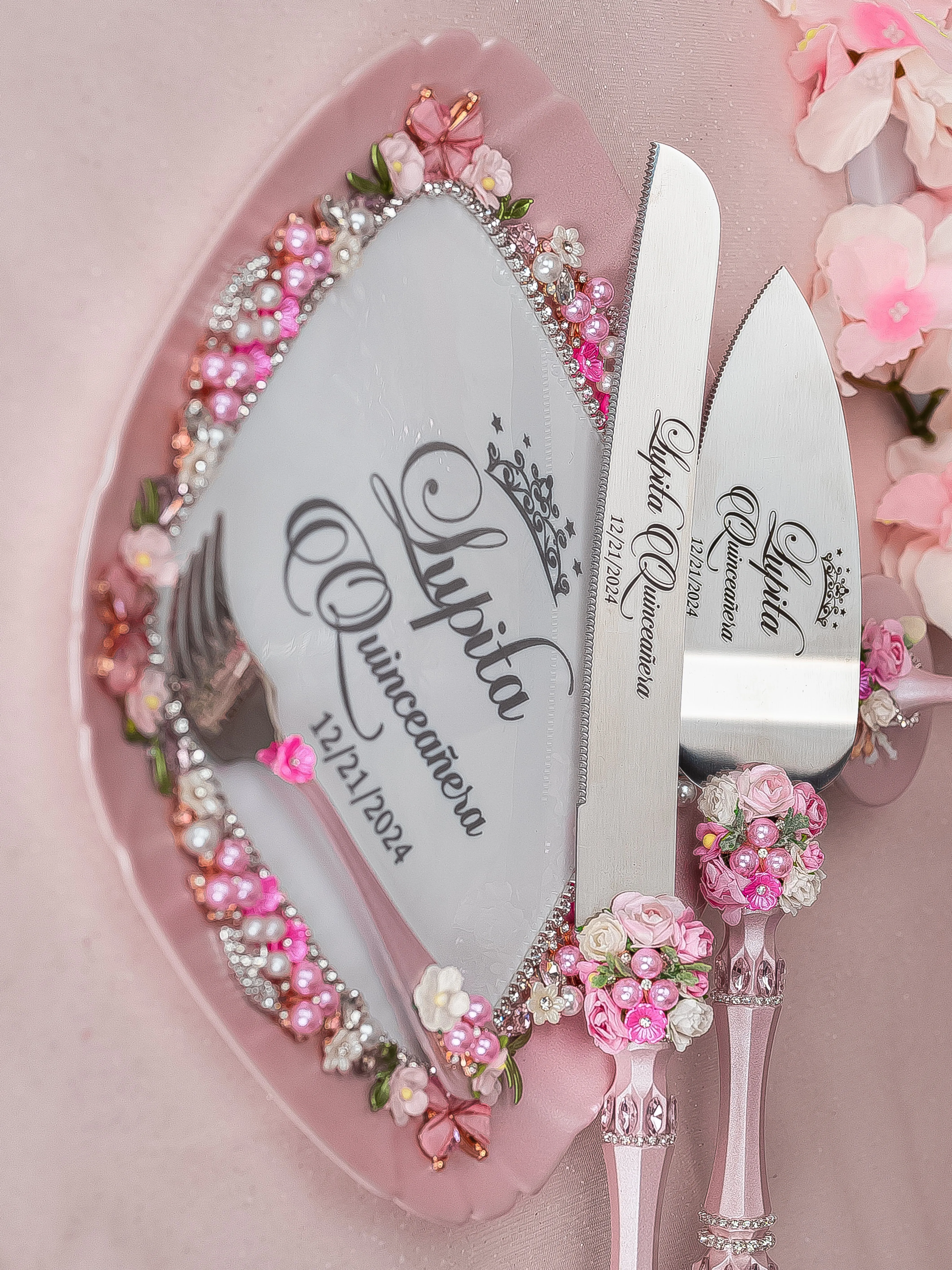 Pink blush floral Quinceanera cake knife and server