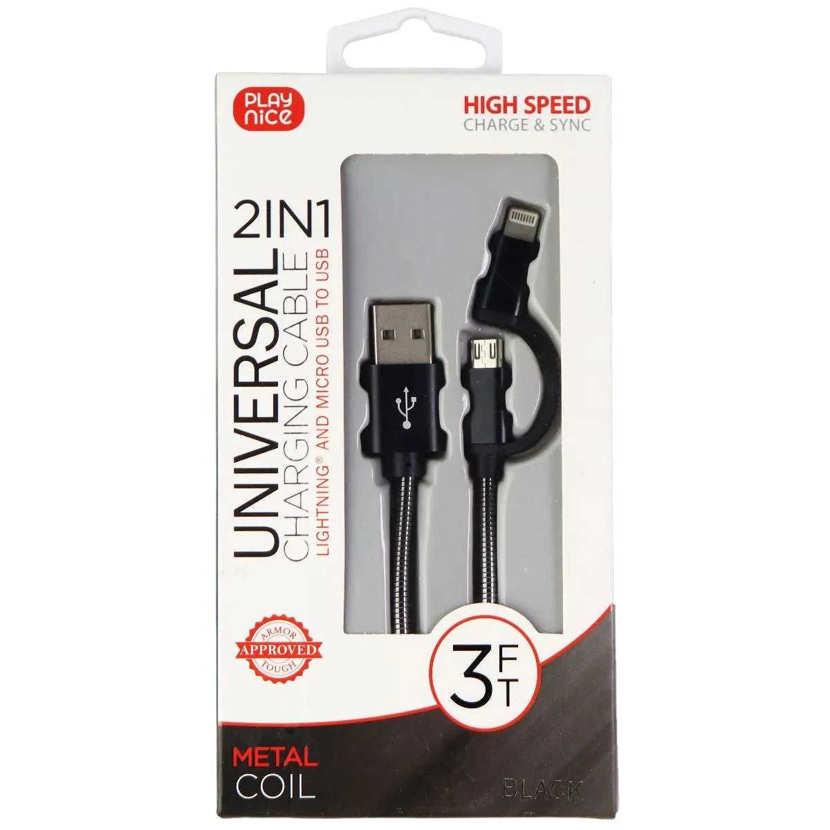 Play Nice Universal 3-Ft Micro-USB/8-Pin to USB 2-in-1 Metal Coil Cable - Black