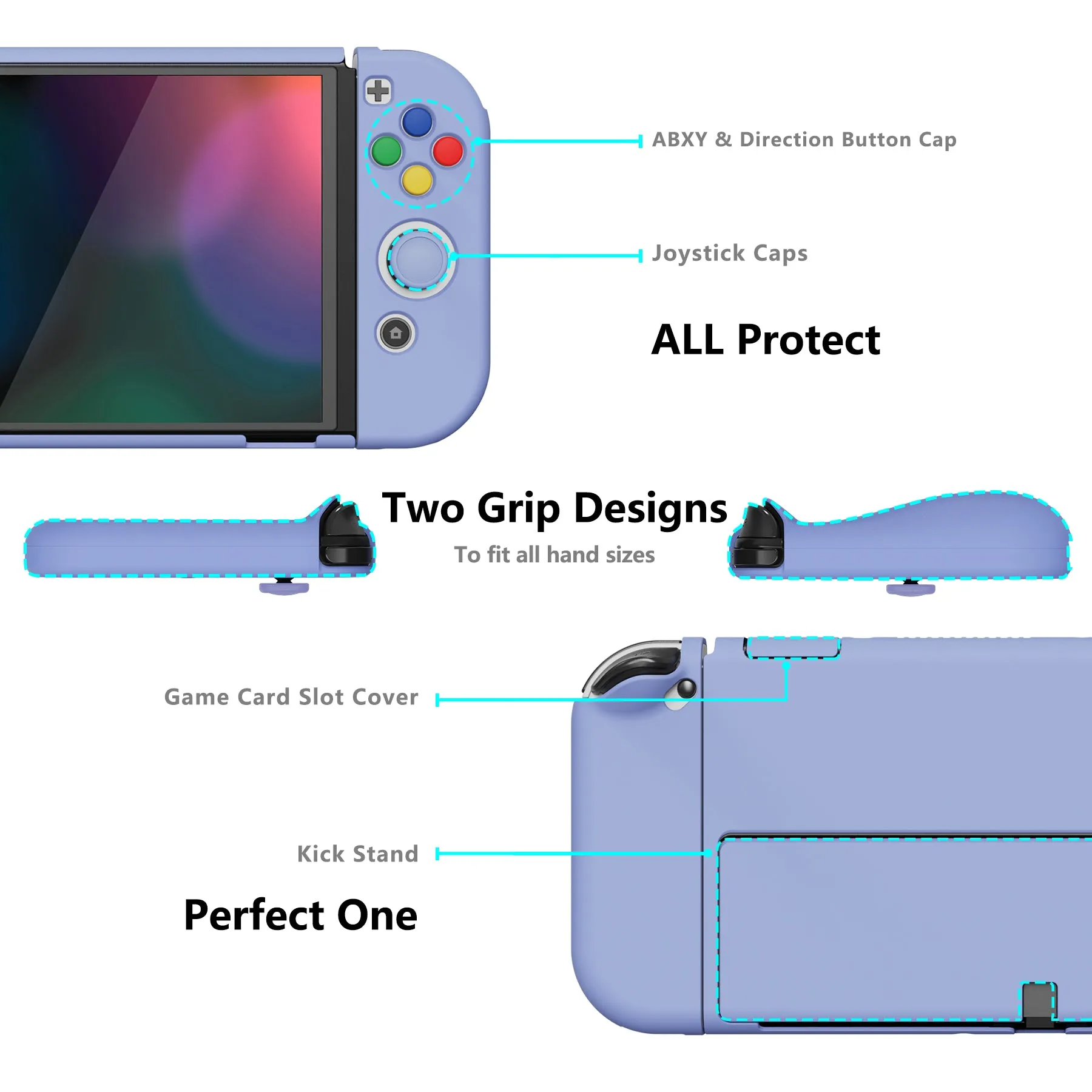 PlayVital AlterGrips Protective Slim Case for Nintendo Switch OLED, Ergonomic Grip Cover for Joycon, Dockable Hard Shell for Switch OLED with Thumb Grip Caps & Button Caps - Light Violet - JSOYP3008