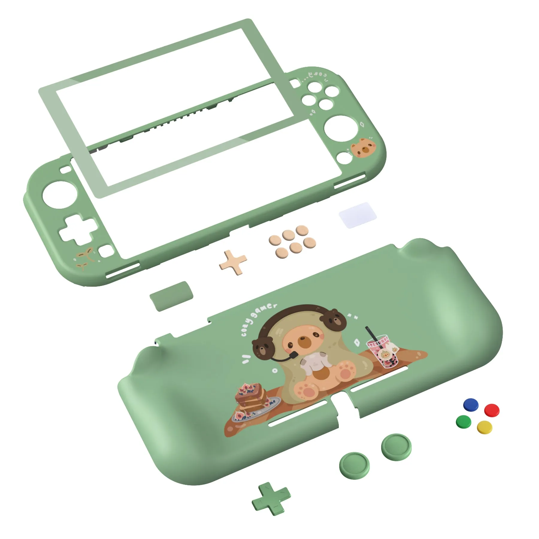 PlayVital ZealProtect Protective Case for Nintendo Switch Lite, Hard Shell Ergonomic Grip Cover for Switch Lite w/Screen Protector & Thumb Grip Caps & Button Caps - Cozy Gamer Bear - PSLYR016