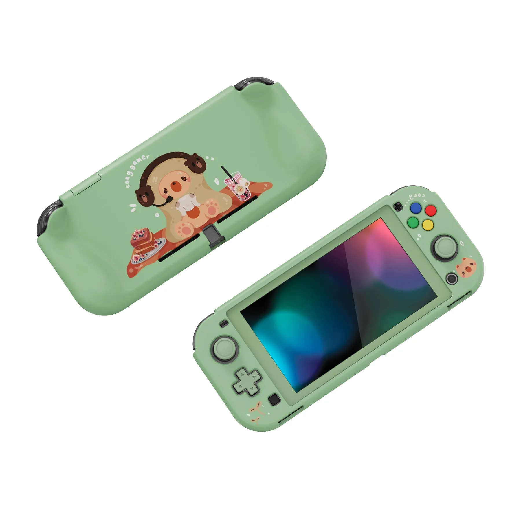 PlayVital ZealProtect Protective Case for Nintendo Switch Lite, Hard Shell Ergonomic Grip Cover for Switch Lite w/Screen Protector & Thumb Grip Caps & Button Caps - Cozy Gamer Bear - PSLYR016