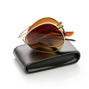 Premium Folding Pocket Metal Aviator Sunglasses   Case 8763