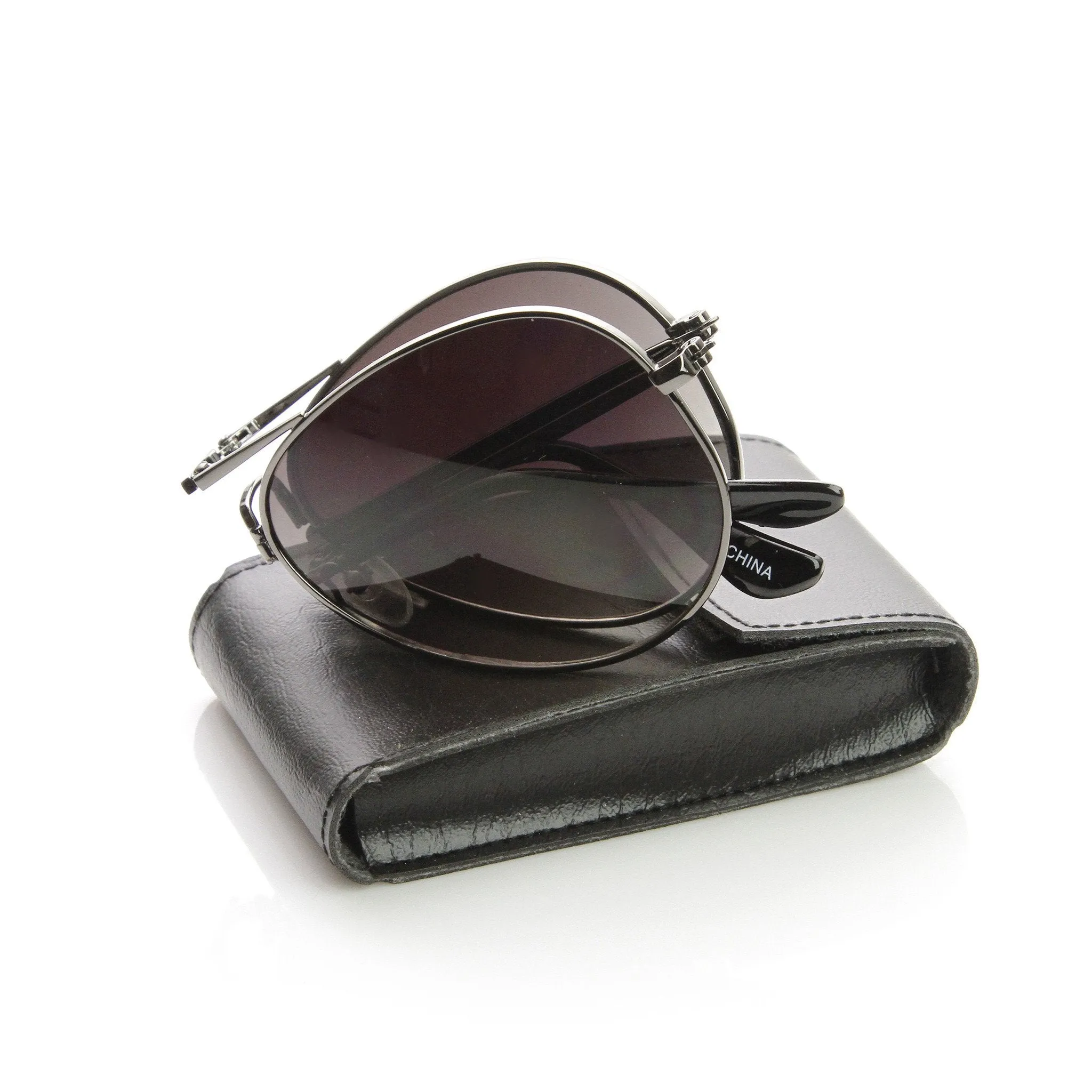 Premium Folding Pocket Metal Aviator Sunglasses   Case 8763