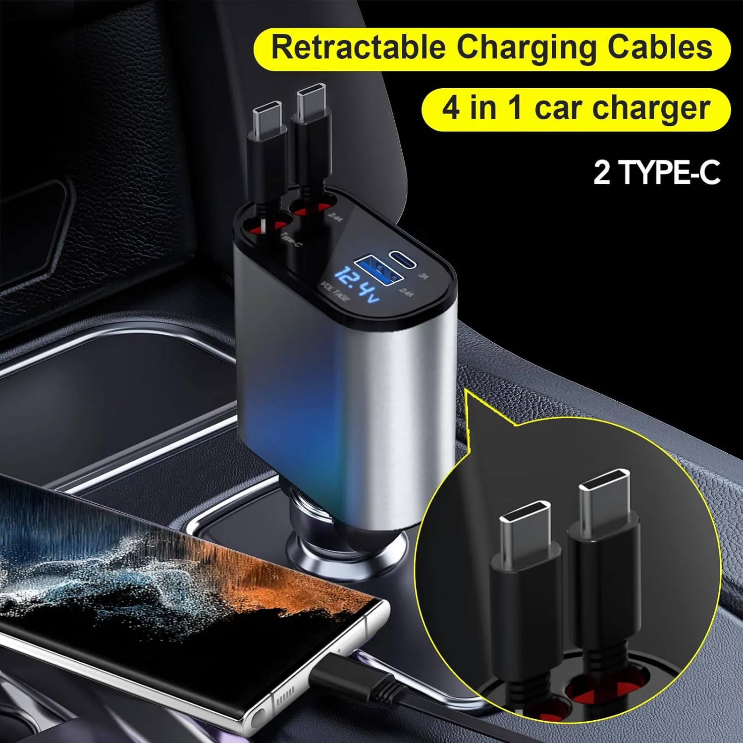 Retractable Car Charger - 4-in-1 Fast Car Phone Charger 66W with Retractable Cables and USB Car Charger - Compatible with iPhone 15/14/13/12/11, Galaxy, Pixel